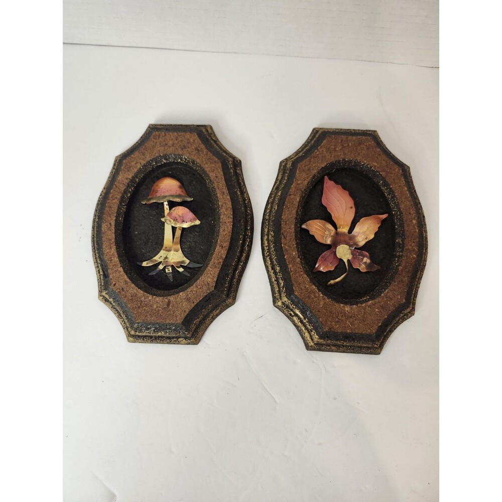 VTG Mushroom & Leaf Wall Decor Brass Copper Wood 70's MCM APX 7.5"L X 5.5"W